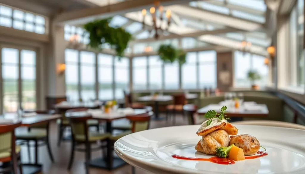 Generate an image of Camphor's airy dining room with a beautifully presented dish, highlighting the restaurant's unique approach to French cuisine.