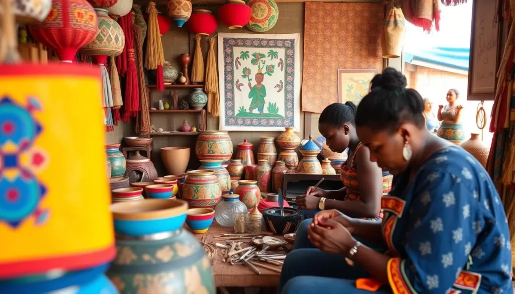 Generate an image of Caplaki Craft Village in Kigali, showcasing local artisans at work amidst vibrant Rwandan crafts.