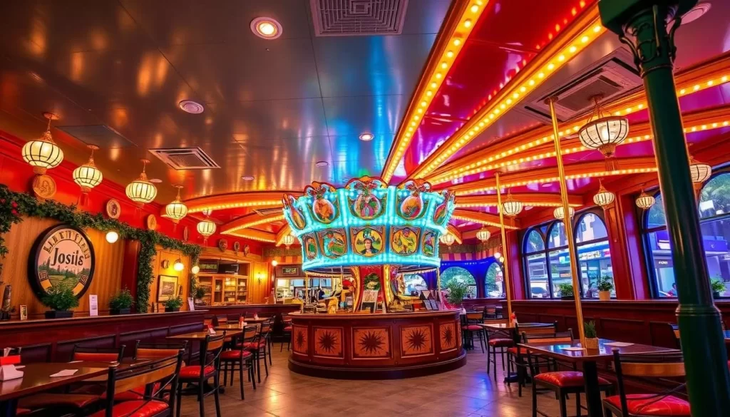 Generate an image of Carousel's vibrant interior in Glendale, highlighting its festive ambiance and Middle Eastern cuisine.
