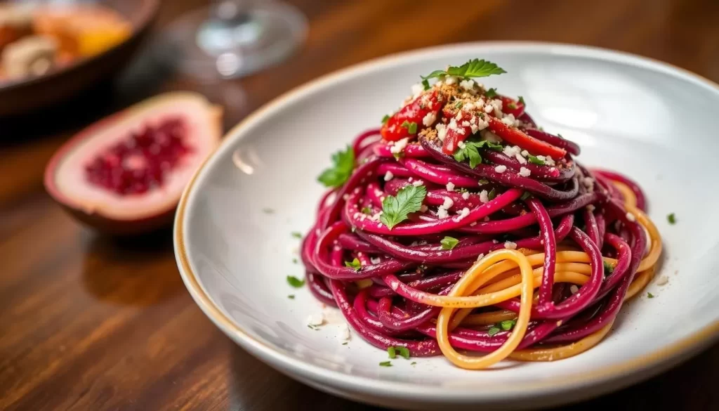 Generate an image of Cento Pasta Bar's beet spaghetti dish.