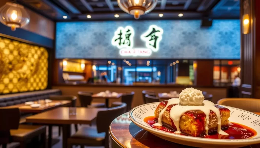 Generate an image of Cha Cha Tang's interior, showcasing its stylish ambiance and signature dishes like Hong Kong-style French toast.