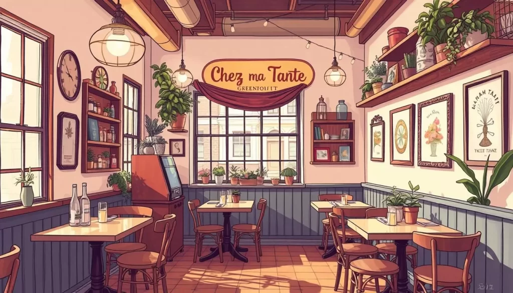 Generate an image of Chez Ma Tante's cozy interior in Greenpoint, Brooklyn.
