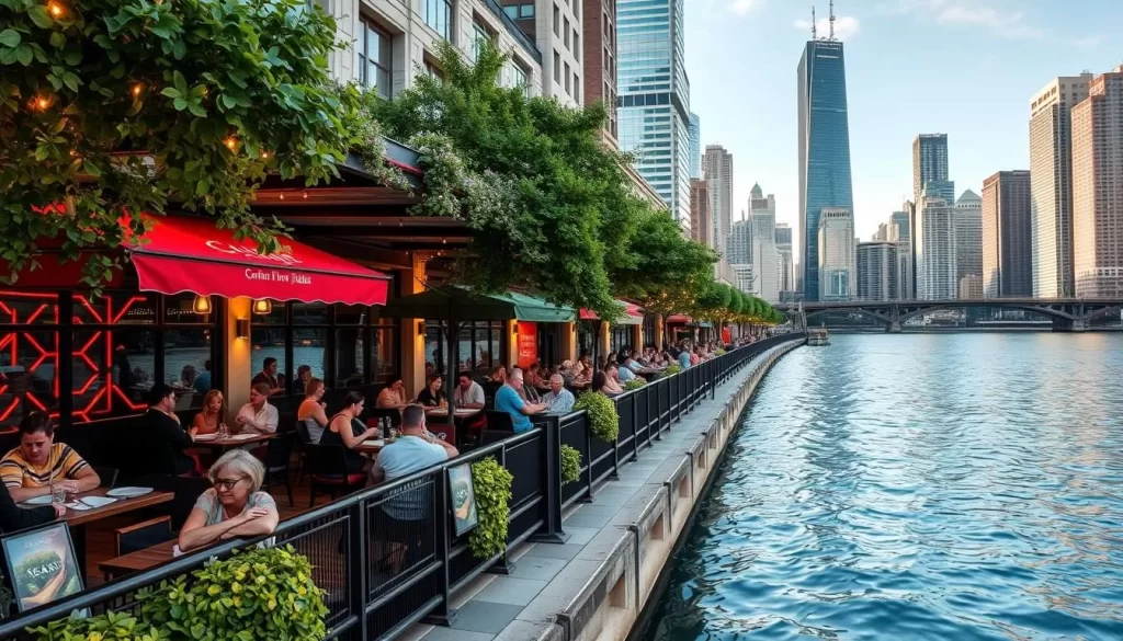 Generate an image of Chicago Riverwalk with restaurants