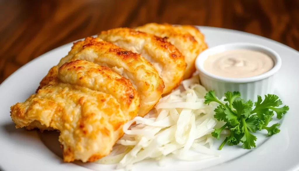 Generate an image of Chicken Nanban served with a side of tartar sauce and shredded cabbage.