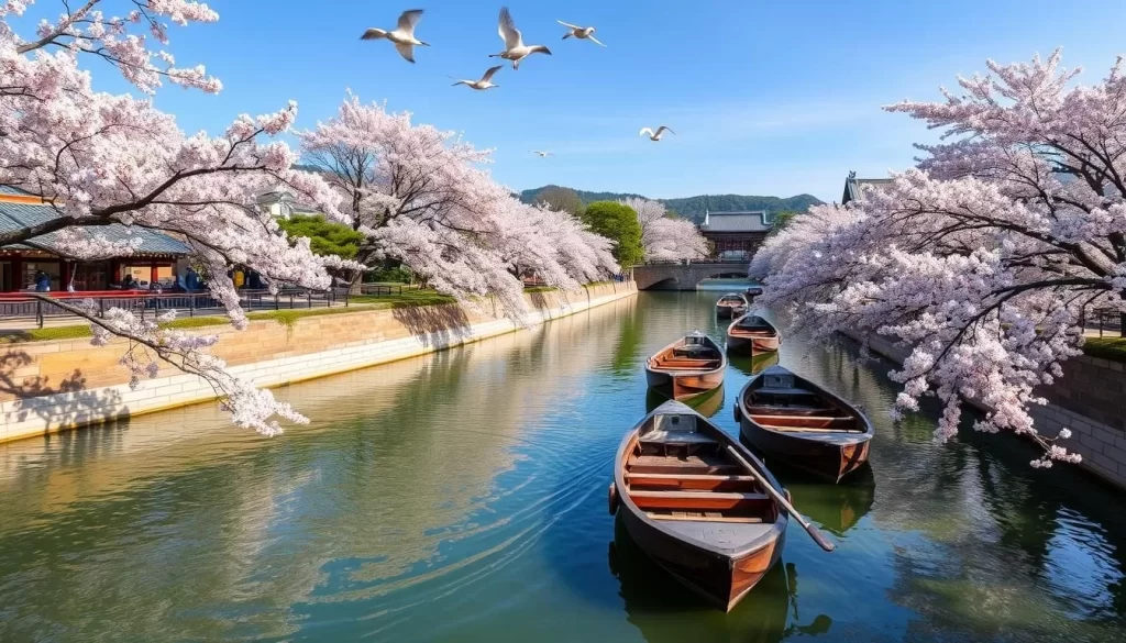 Generate an image of Chidorigafuchi Moat during cherry blossom season with rowing boats