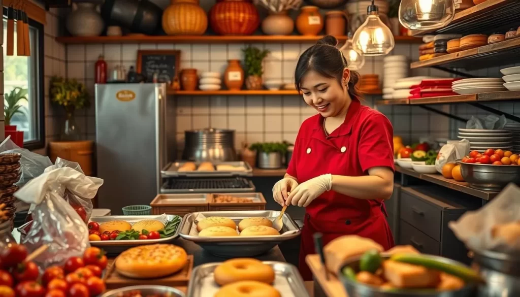 Generate an image of Christine Trần and her staff at Bánh Bakery, crafting artisanal bánh mì.