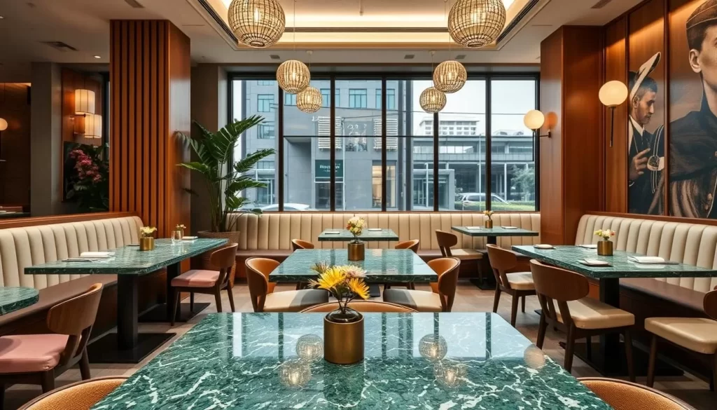Generate an image of Chungdam's elegant interior featuring green terrazzo tables and mid-century design elements.