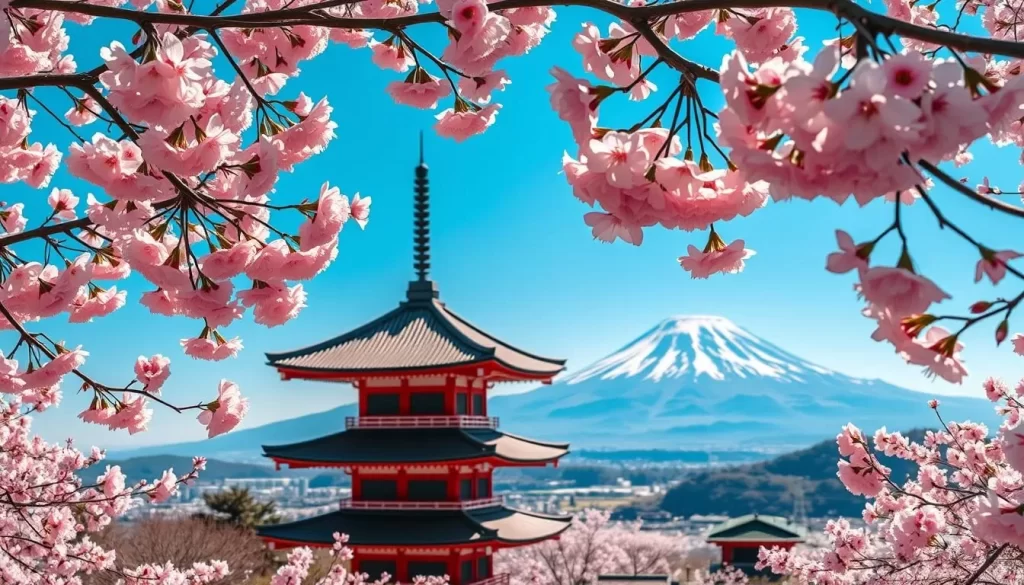 Generate an image of Chureito Pagoda with Mount Fuji in the background during cherry blossom season.