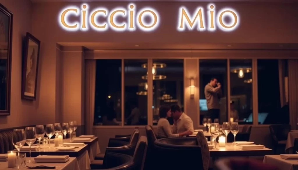Generate an image of Ciccio Mio's elegant dining area with dim lighting, cozy decor, and couples enjoying their meals.