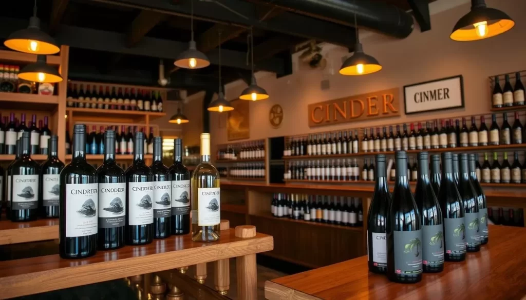 Generate an image of Cinder Wines' tasting room with volcanic wine varieties on display.