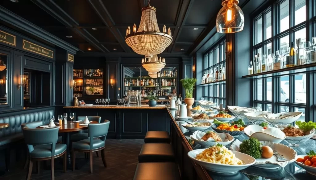 Generate an image of Claude Bosi's Oyster Bar at Michelin House, showcasing its elegant interior and a selection of fresh seafood dishes.