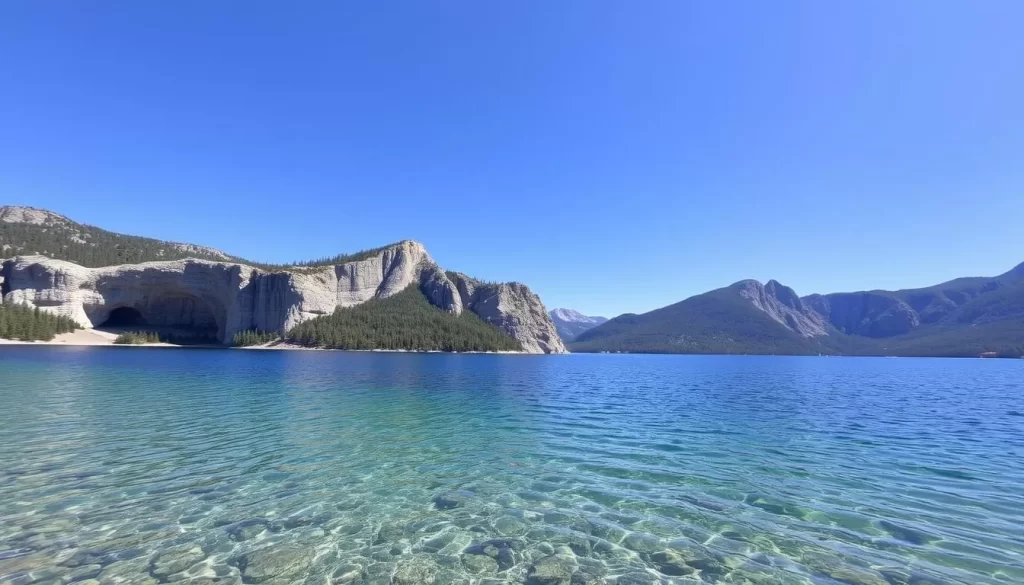 Generate an image of Clearwater Lake's crystal-clear waters with visible limestone cliffs and caves in the background.