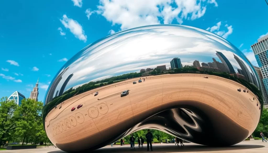 Generate an image of Cloud Gate (The Bean) in Millennium Park, Chicago