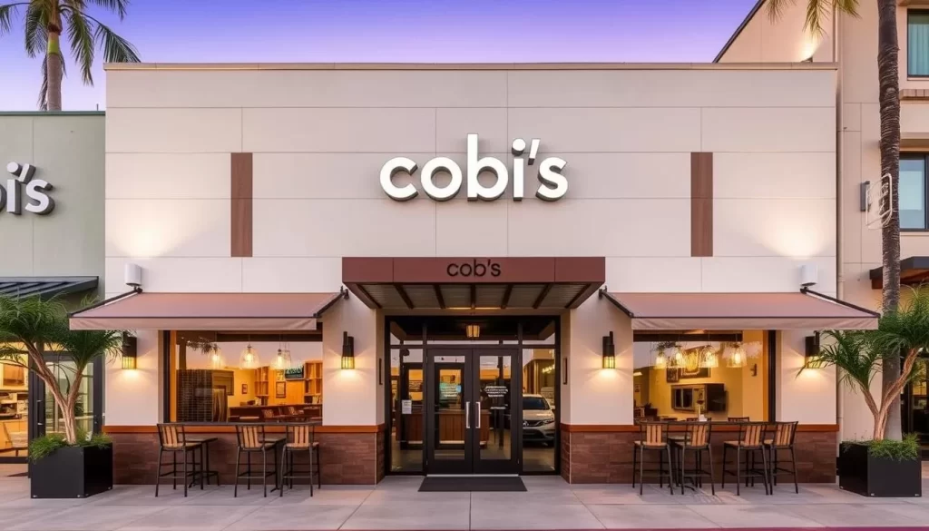 Generate an image of Cobi's restaurant exterior in Santa Monica, showcasing its modern architecture and inviting ambiance.