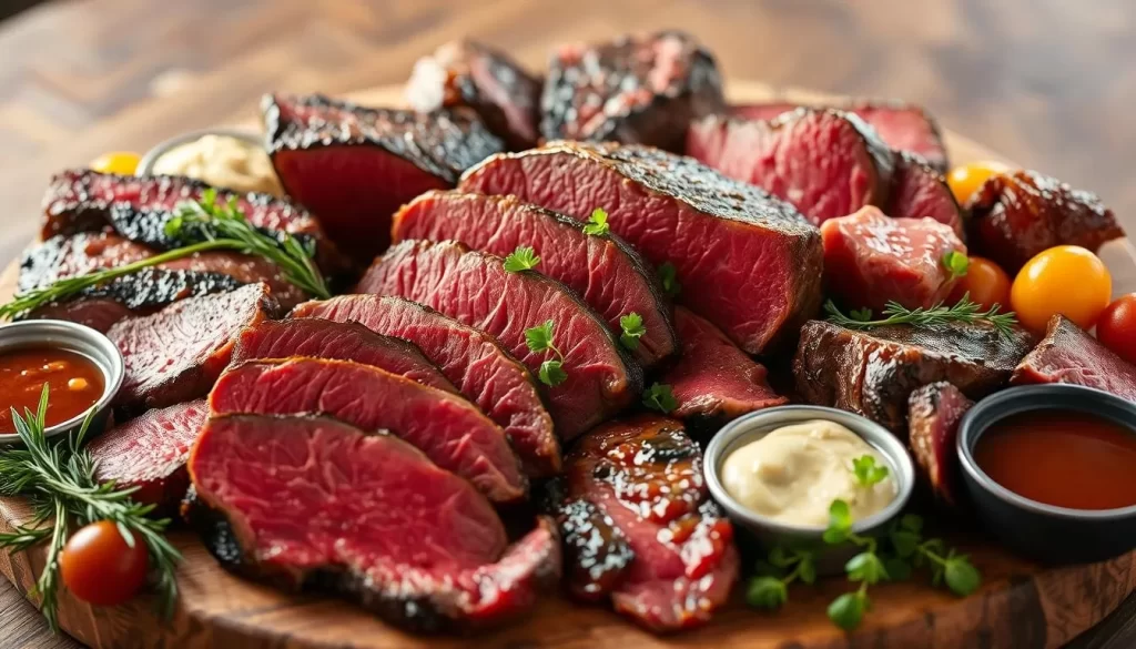 Generate an image of Cote's signature "Butcher's Feast," showcasing the variety of premium beef cuts and accompanying flavors.