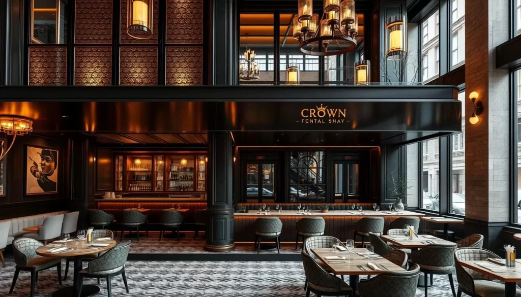 Generate an image of Crown Shy, a restaurant in the Financial District with a sophisticated ambiance.