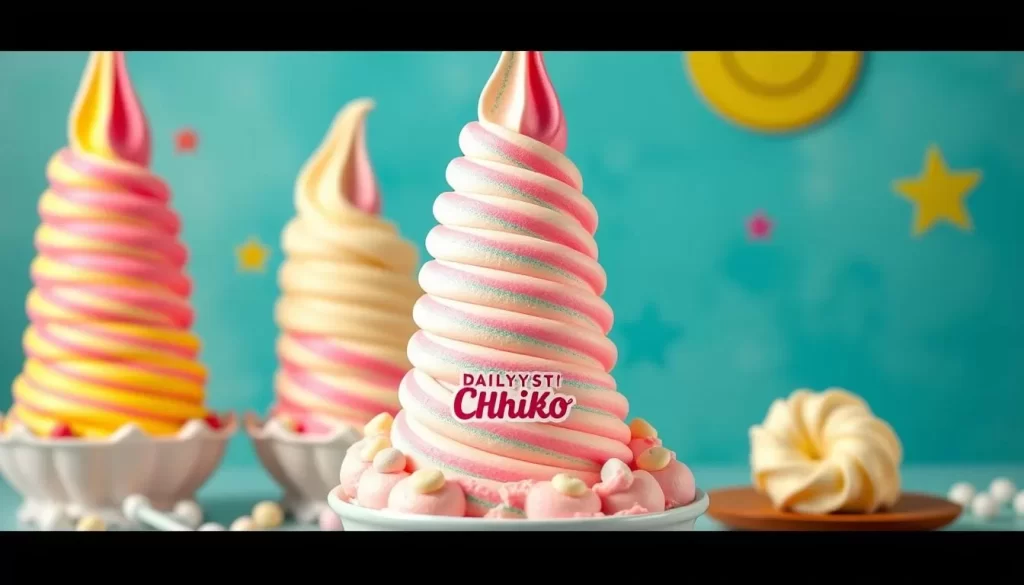 Generate an image of Daily Chiko's towering soft serve ice cream.