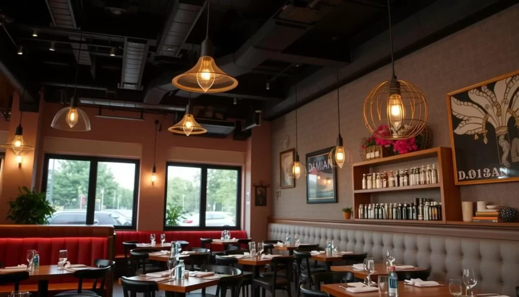 Generate an image of Damian restaurant's interior, showcasing its modern decor and inviting ambiance.