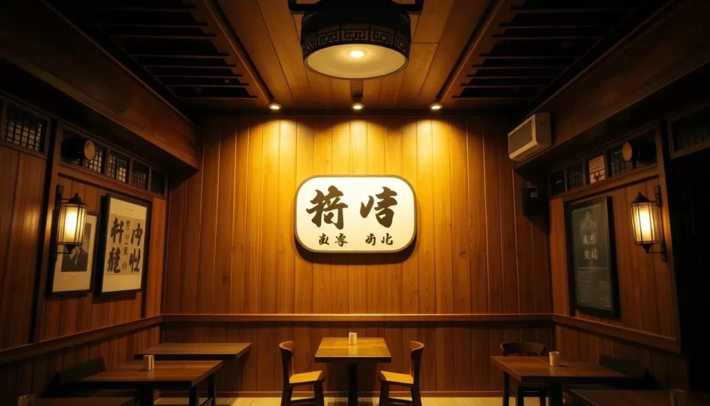 Generate an image of Dan Sung Sa's interior, showcasing its wood panel interiors and dim lighting.