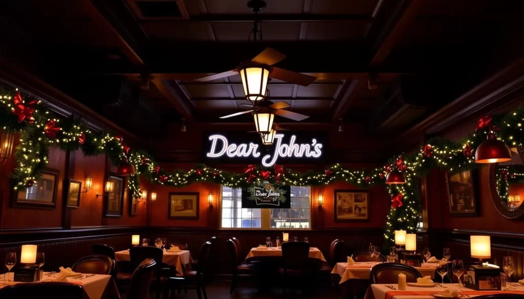 Generate an image of Dear John's dimly lit, festively decorated dining area, capturing its unique ambiance.