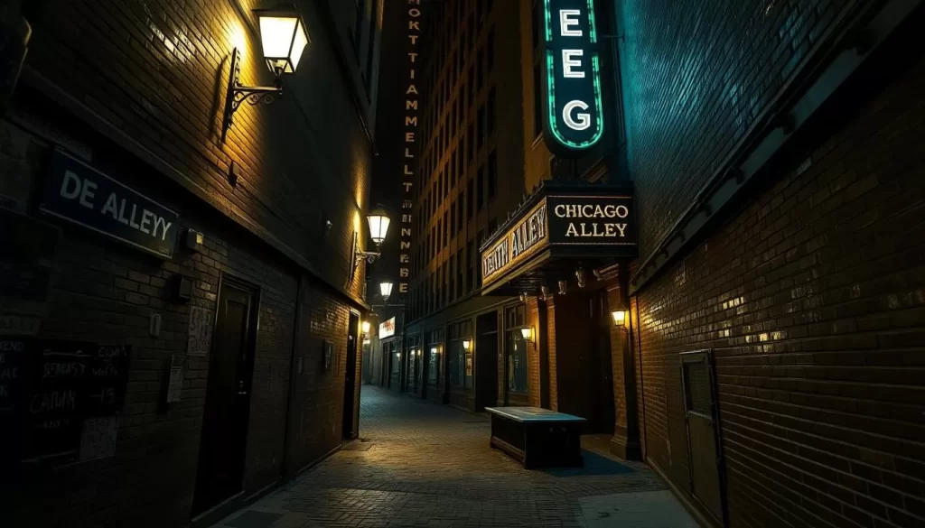 Generate an image of Death Alley in the Chicago Theatre District, showing the narrow passage where the victims of the Iroquois Theatre fire were laid out.