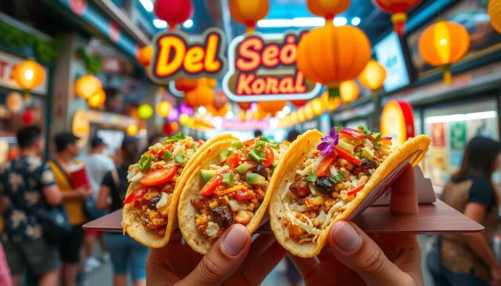 Generate an image of Del Seoul's vibrant Korean tacos with colorful toppings and a bustling atmosphere.
