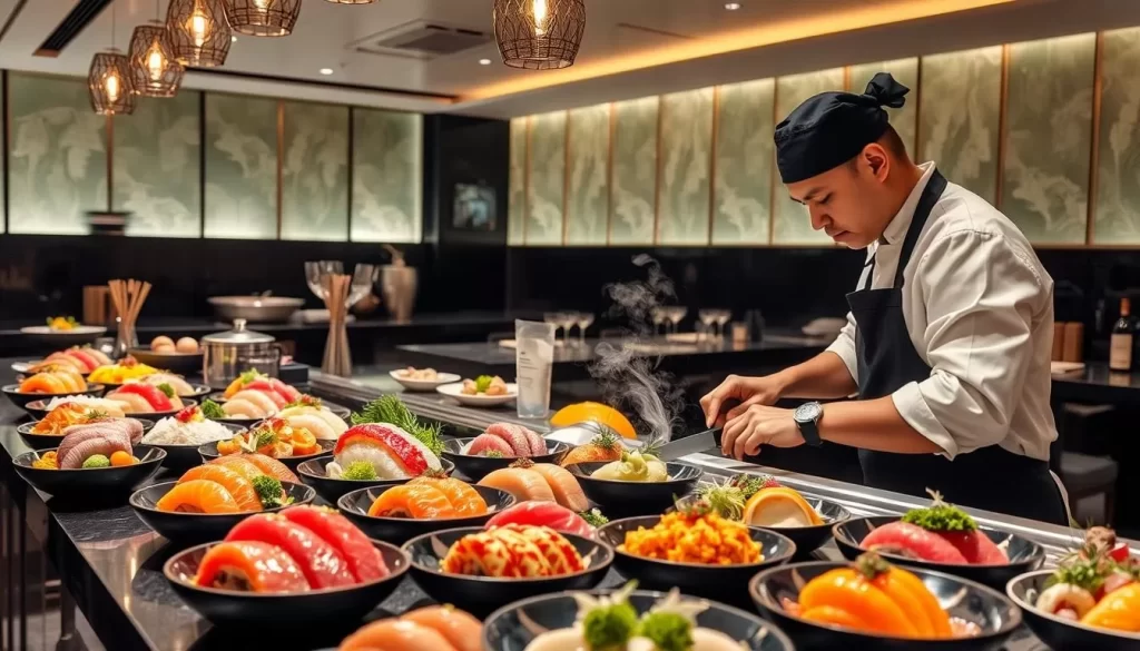 Generate an image of Dinings SW3's sushi counter, highlighting the chef's precise knife skills and the vibrant assortment of sushi and sashimi.