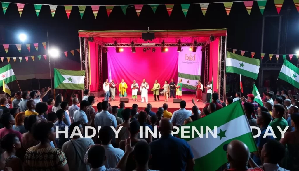 Generate an image of Djibouti's Independence Day celebration with people gathered around a stage, watching a cultural performance.