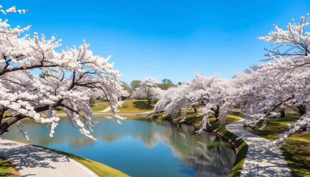 Generate an image of Doho Park in Tsukuba, Japan, showcasing its serene lake and walking paths during cherry blossom season.