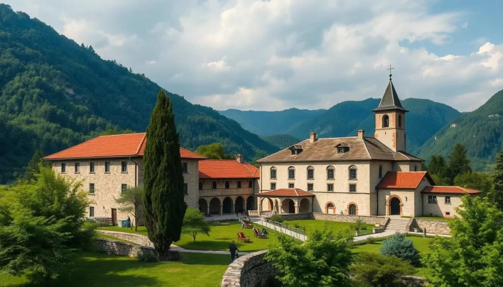 Generate an image of Drača Monastery, showcasing its serene surroundings and historic buildings.