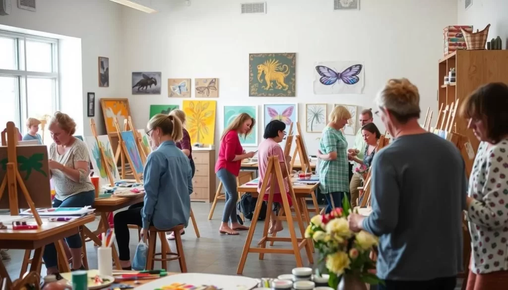 Generate an image of Dragonfly Studios York NE, featuring artists engaged in creative activities like painting and crafting.