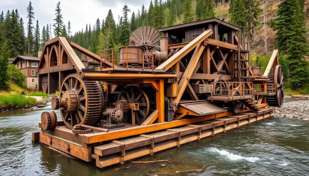 Generate an image of Dredge No.4, a massive mining machine used to extract gold from the creeks during the Klondike Gold Rush.