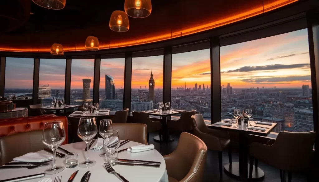 Generate an image of Duck & Waffle's dining area with a panoramic view of London's skyline at sunset.