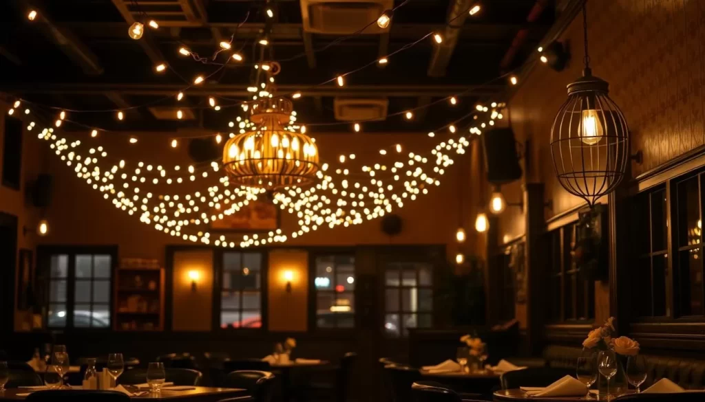 Generate an image of Dudley Market's dimly lit dining room with string lights and a stylish decor.