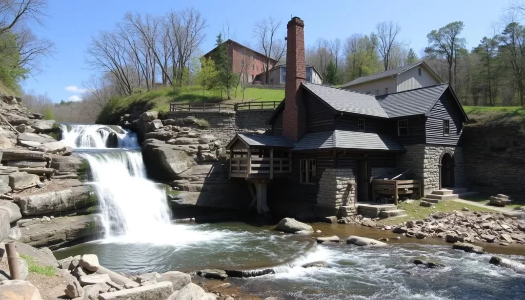 Generate an image of Dunn's Falls, featuring the 65-foot waterfall and the historic water-powered mill.