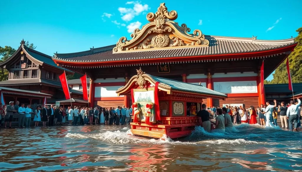Generate an image of Ebara Shrine, highlighting its detailed carvings and the mikoshi being carried through water during the festival.