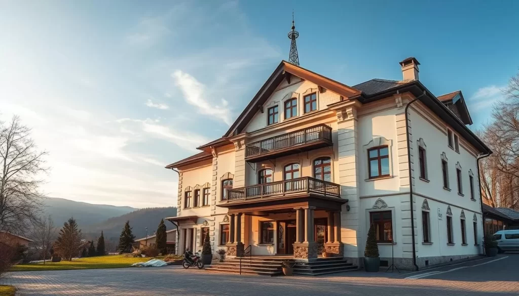 Generate an image of Ečka Village, highlighting the Kaštel, a luxury hotel that was once an aristocratic hunting lodge.