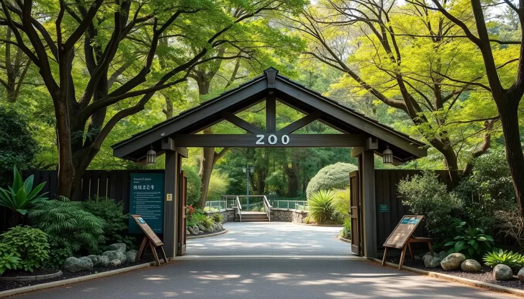 Generate an image of Edogawa Natural Zoo's entrance, showcasing its natural and welcoming environment.
