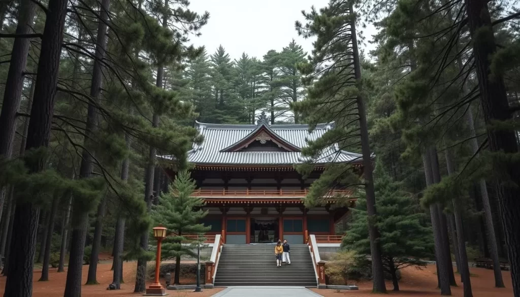 Generate an image of Eiheiji Temple nestled in a serene cedar forest.