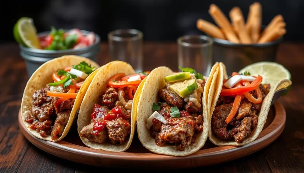 Generate an image of El Chato's tacos with various meat options.