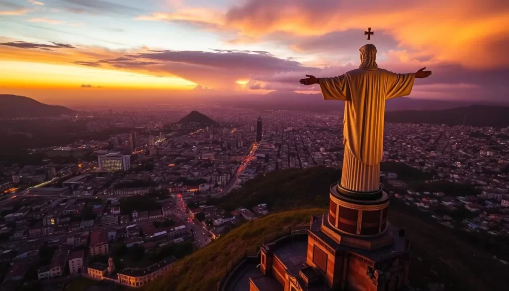 Generate an image of El Picacho with the Cristo del Picacho statue overlooking Tegucigalpa at sunset.