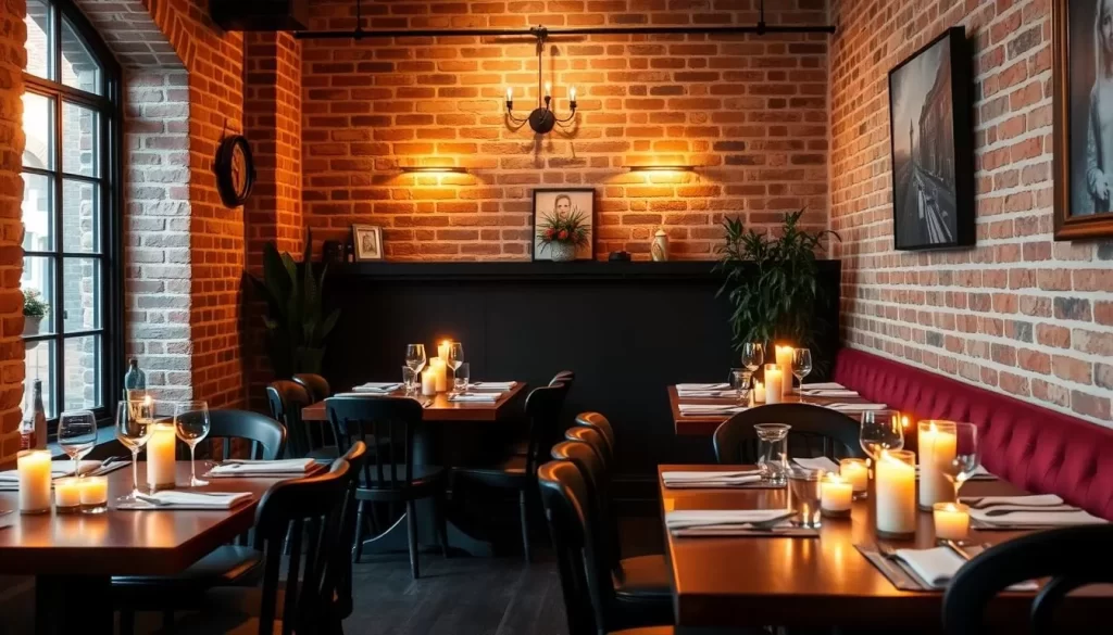 Generate an image of Elina's cozy dining room with candlelit tables and exposed brick walls.