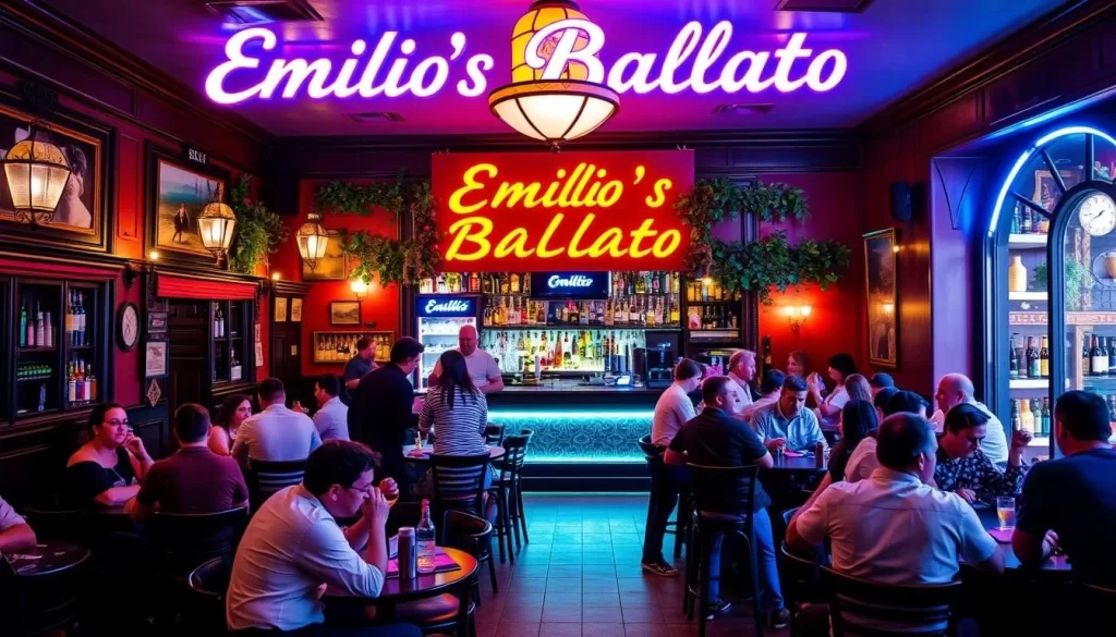 Generate an image of Emilio's Ballato's inviting interior with a bustling bar area.