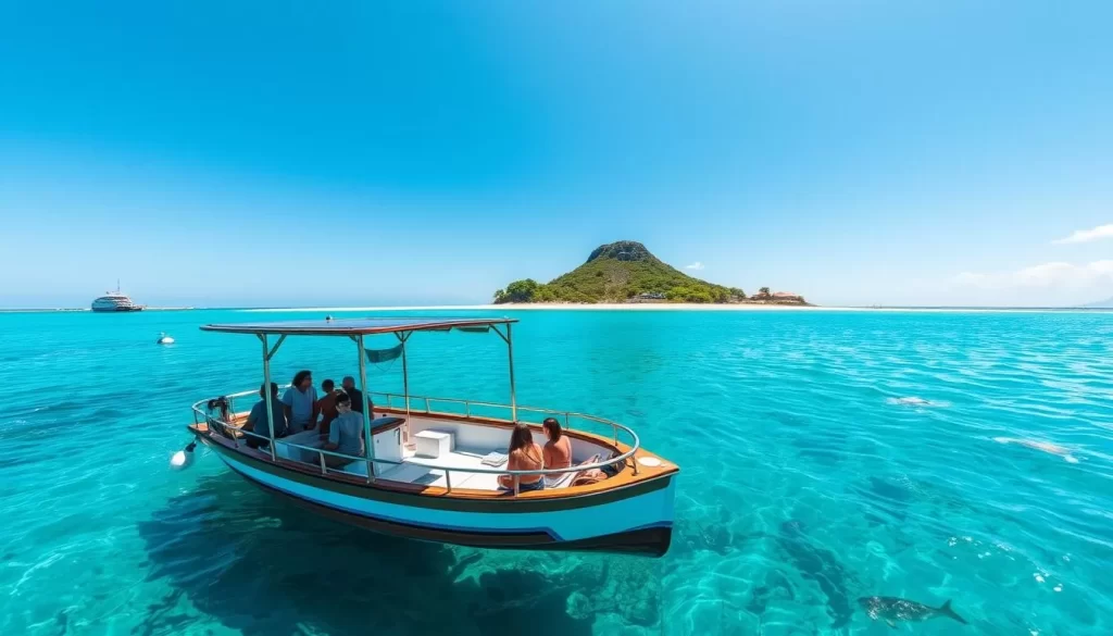 Generate an image of Engetsu Island with a glass-bottom boat tour.