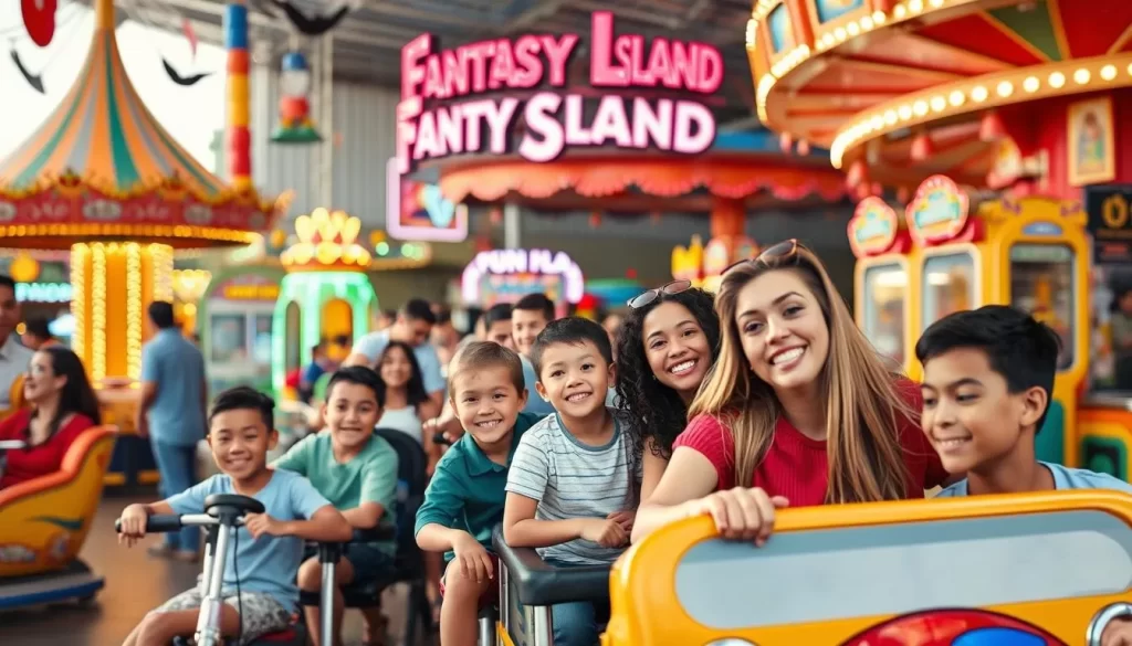 Generate an image of Fantasy Island Amusement Park with families enjoying rides and games.