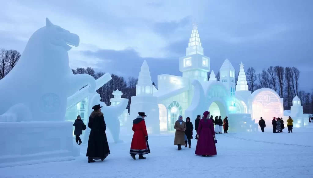 Generate an image of Festival du Voyageur in Winnipeg, Manitoba, showcasing ice sculptures and people in period costumes.