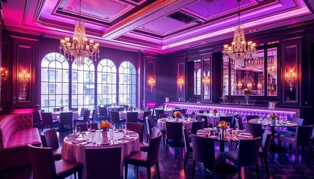 Generate an image of Fioretta's opulent 8,200-square-foot space in Fulton Market, highlighting its glamorous decor.