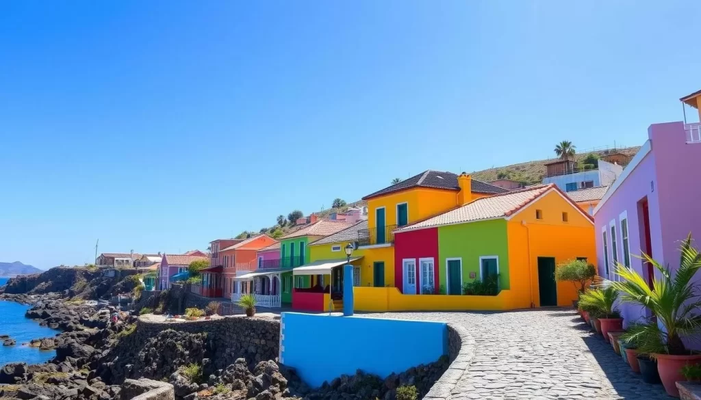 Generate an image of Flores island with its colorful houses and cobblestone streets.