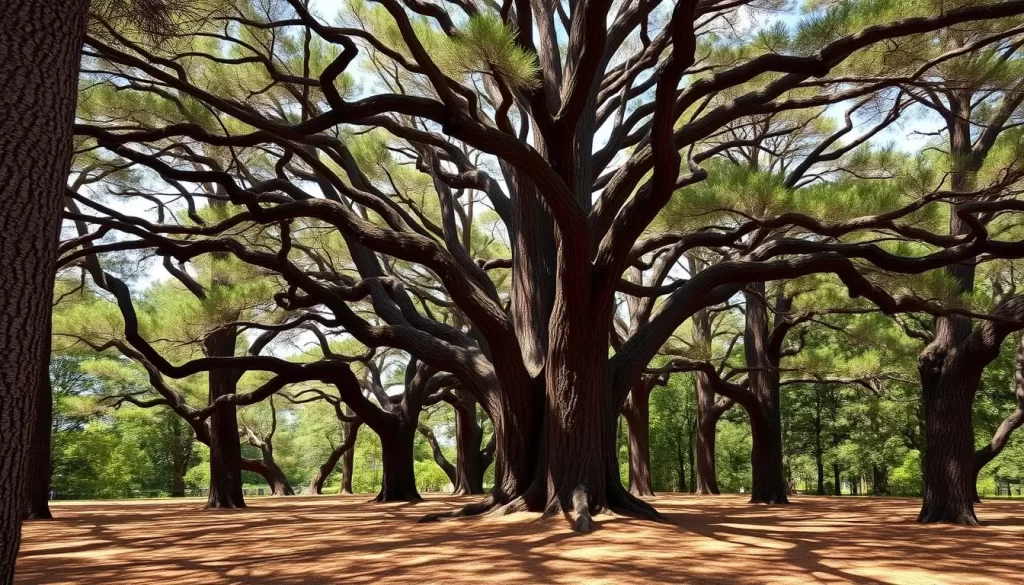 Generate an image of Forest Park's historic pine grove