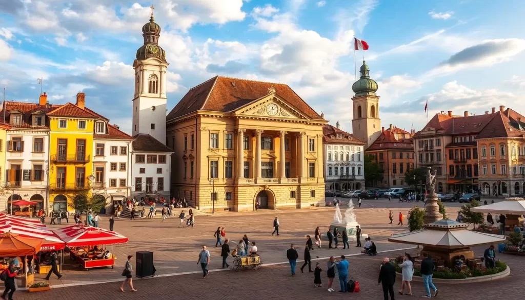 Generate an image of Freedom Square in Zrenjanin, Serbia, showcasing its historical significance and cultural vibrancy.